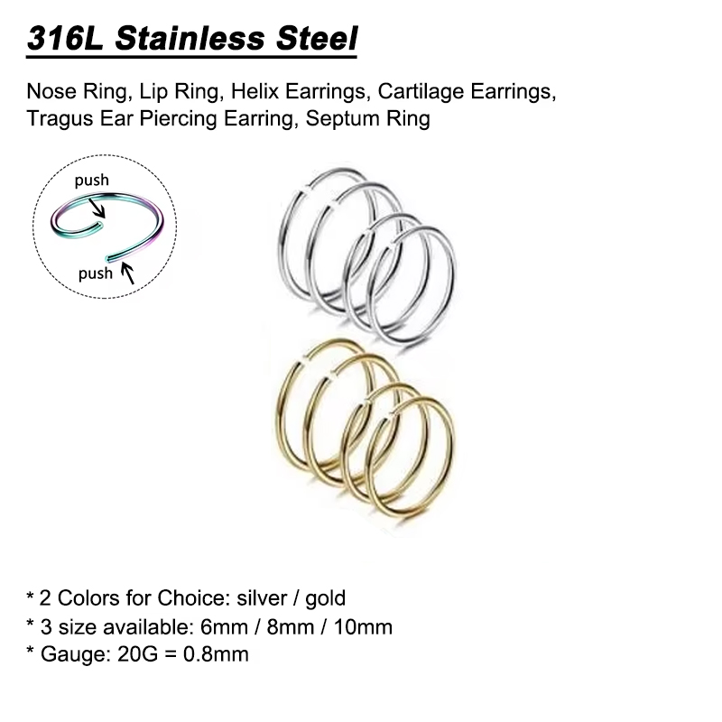 6pcs/lot Hypoallergenic Nose R - Helix Cartilage Ring 评论和价格